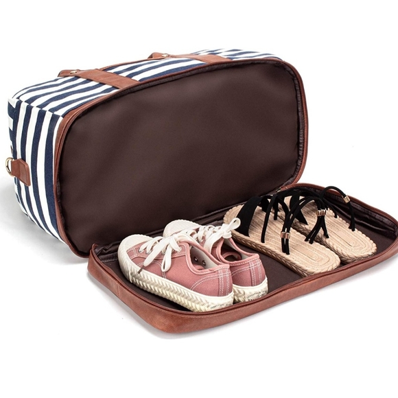 Canvas Weekender Travel Duffel Bag Shoe Compartment Navy Beige Boho Striped - Picture 13 of 16